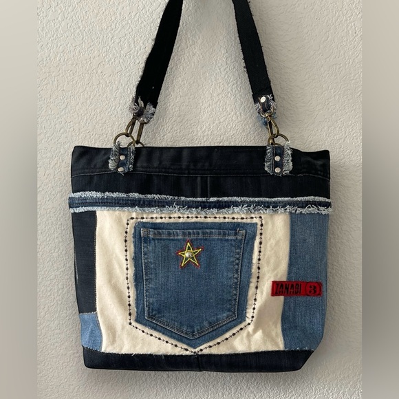 Denim patchwork shoulder bag-tote bag upcycled jeans boho bag - Picture 8 of 16
